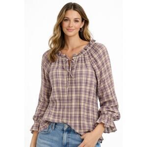 Chaps Womens Cottagecore Top Size M Long Sleeve Plaid Lavender Tan Smocked Boho